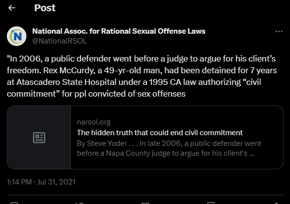 A NARSOL tweet references Rex McCurdy 6.31.21 McCurdy would be arrested less than a year later for molestation of a 6 year old. 